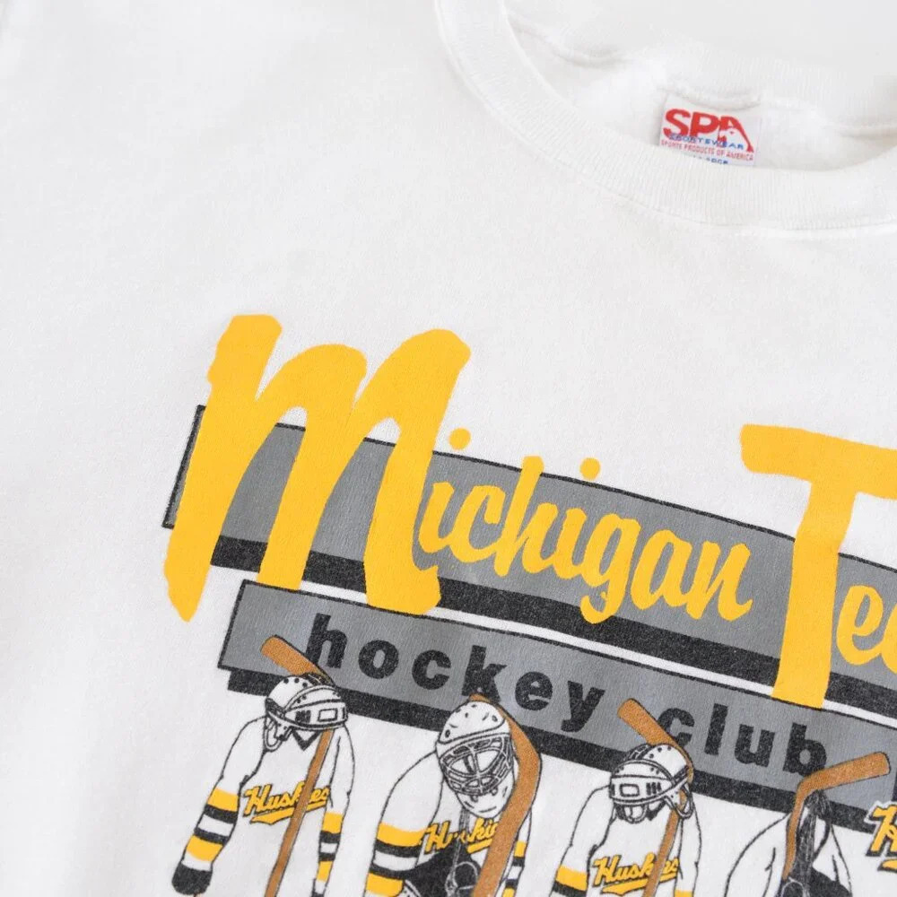 VTG 90S Spa Sportswear MI Tech Hockey Huskies White And Yellow Crew Neck Sweater - Picture 10 of 11
